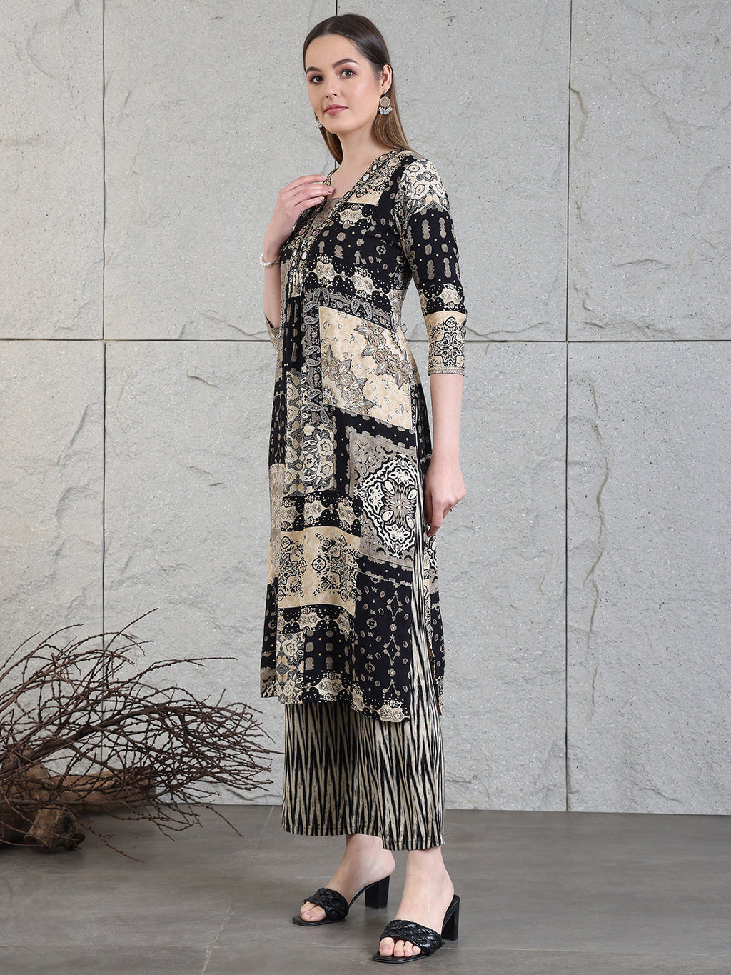 Hand Embroidered & Printed Kurta With Palazzo Pants, Black - Hiral Fashion - Distacart
