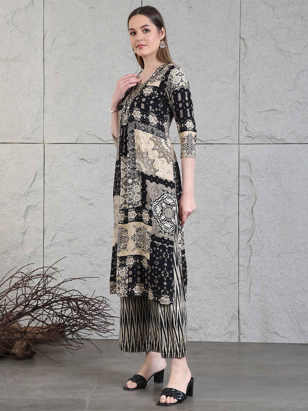Hand Embroidered & Printed Kurta With Palazzo Pants, Black - Hiral Fashion - Distacart
