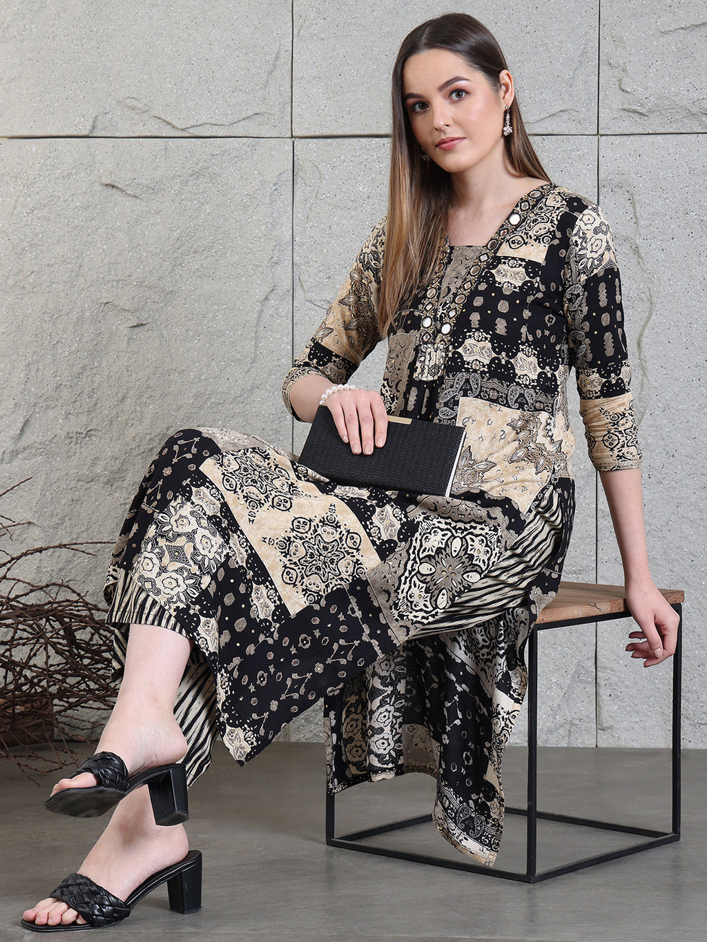 Hand Embroidered & Printed Kurta With Palazzo Pants, Black - Hiral Fashion - Distacart