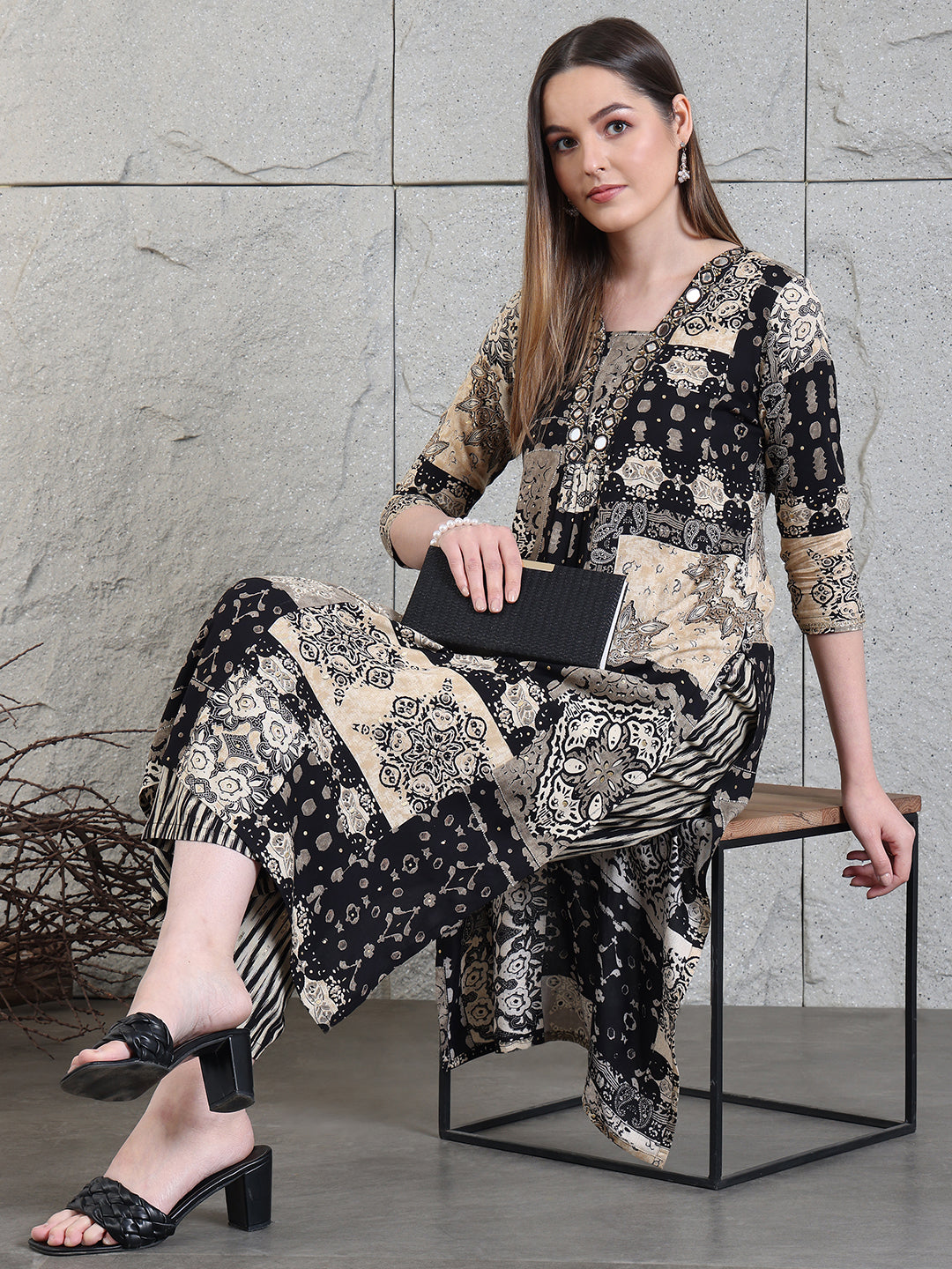 Hand Embroidered & Printed Kurta With Palazzo Pants, Black - Hiral Fashion - Distacart