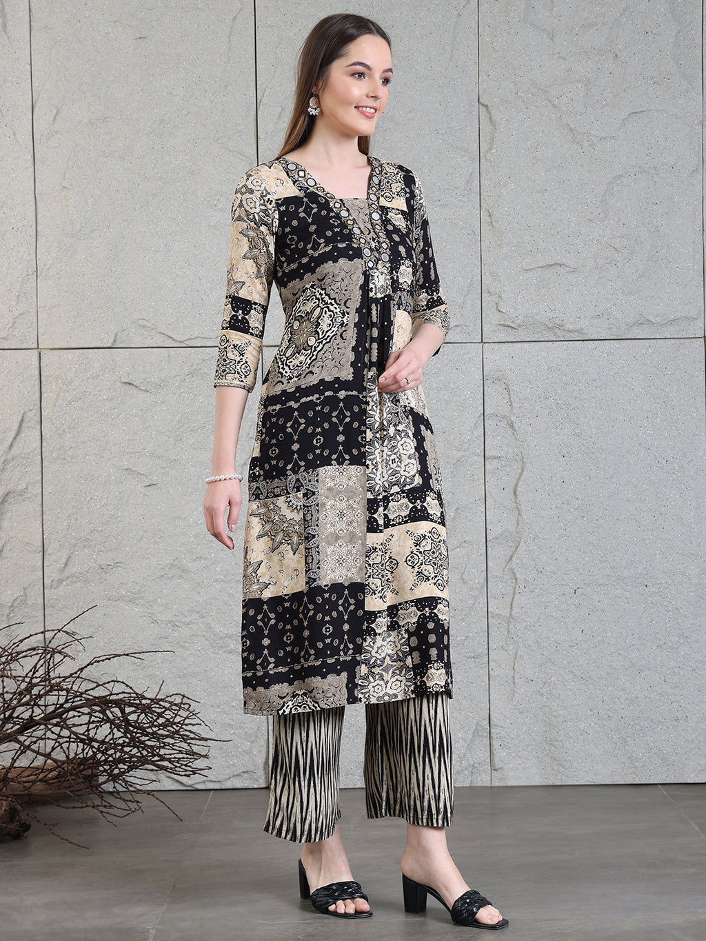 Hand Embroidered & Printed Kurta With Palazzo Pants, Black - Hiral Fashion - Distacart