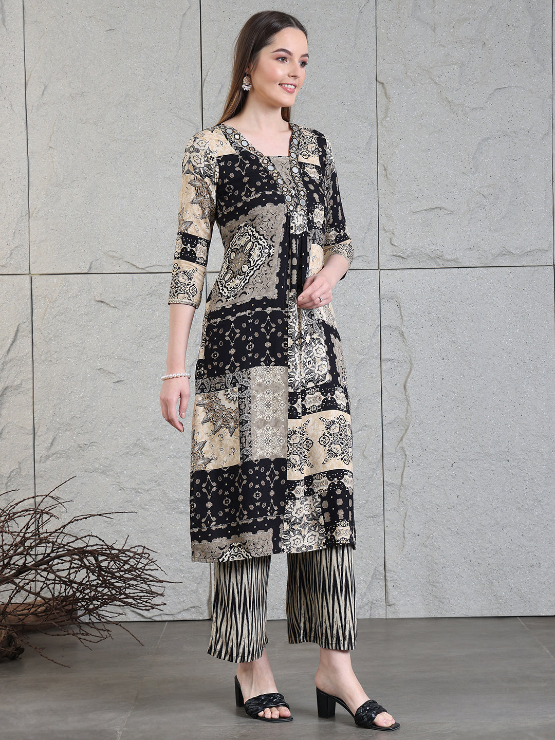 Hand Embroidered & Printed Kurta With Palazzo Pants, Black - Hiral Fashion - Distacart