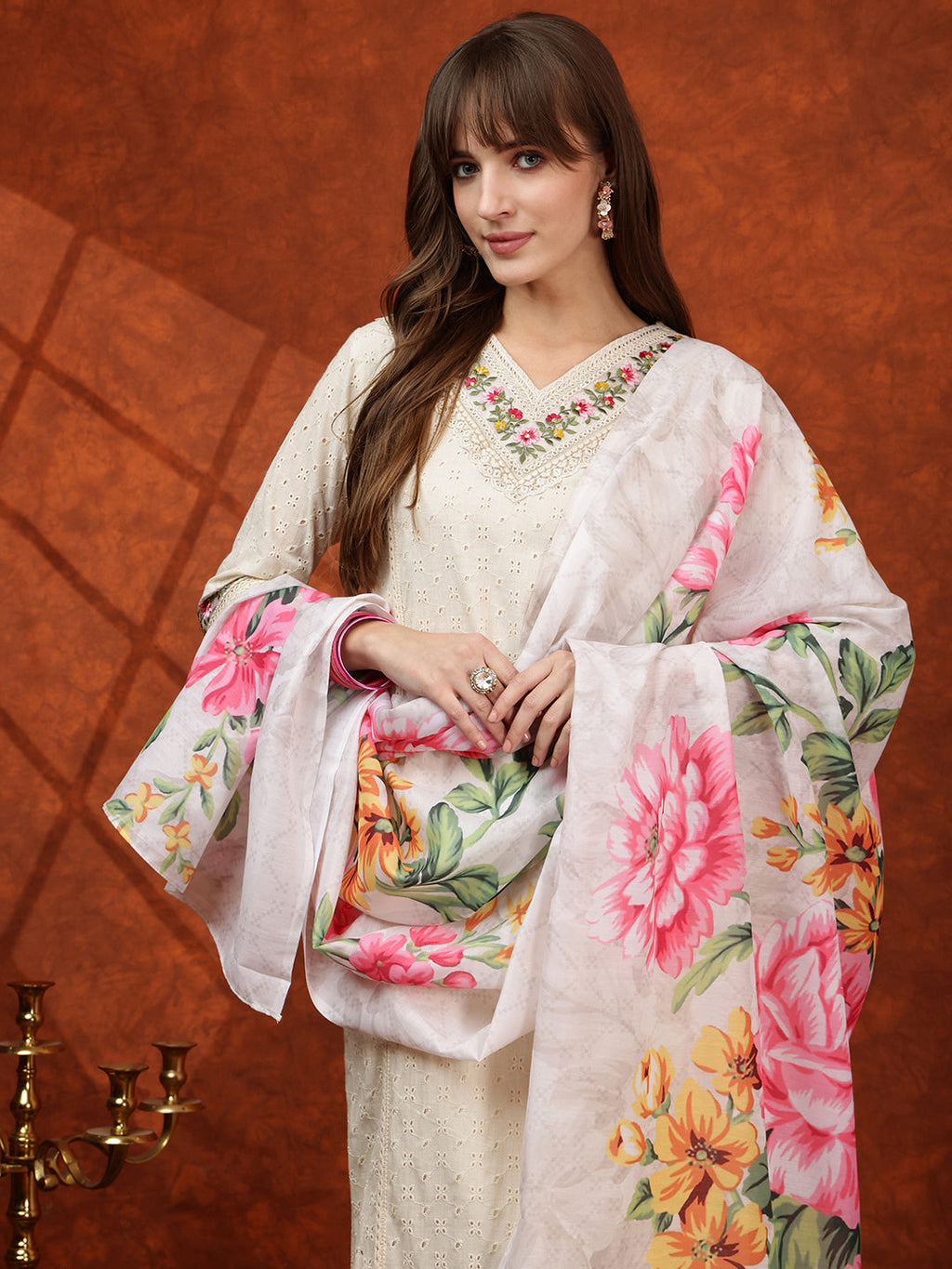 Chikankari & Embroidered Kurta With Pant & Printed Dupatta, White - Hiral Fashion - Distacart