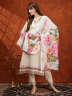 Chikankari & Embroidered Kurta With Pant & Printed Dupatta, White - Hiral Fashion - Distacart