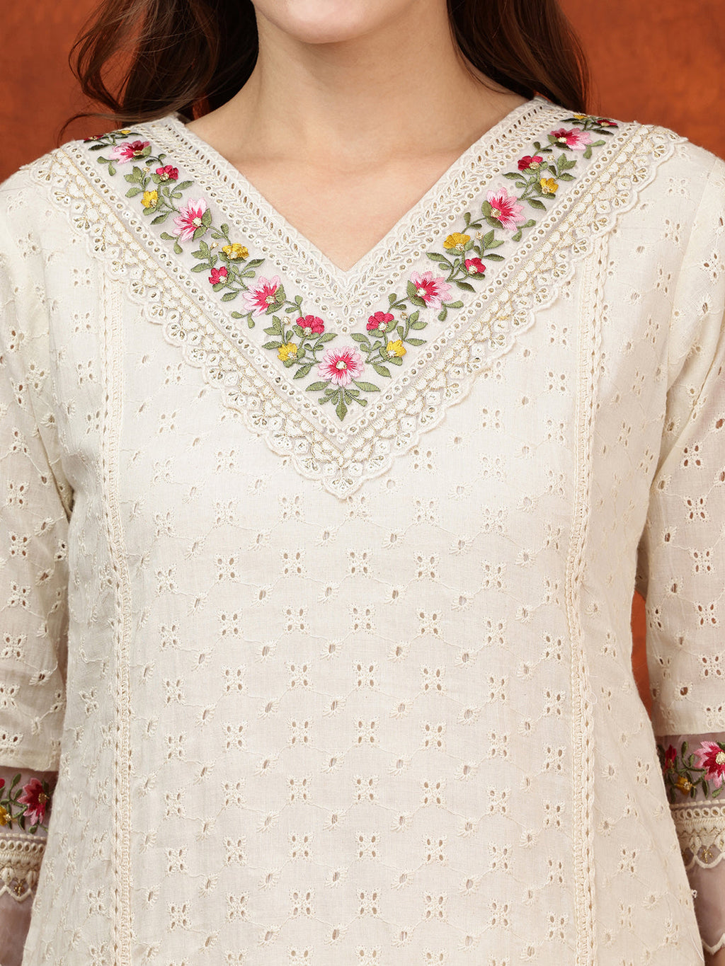 Chikankari & Embroidered Kurta With Pant & Printed Dupatta, White - Hiral Fashion - Distacart