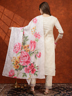 Chikankari & Embroidered Kurta With Pant & Printed Dupatta, White - Hiral Fashion - Distacart