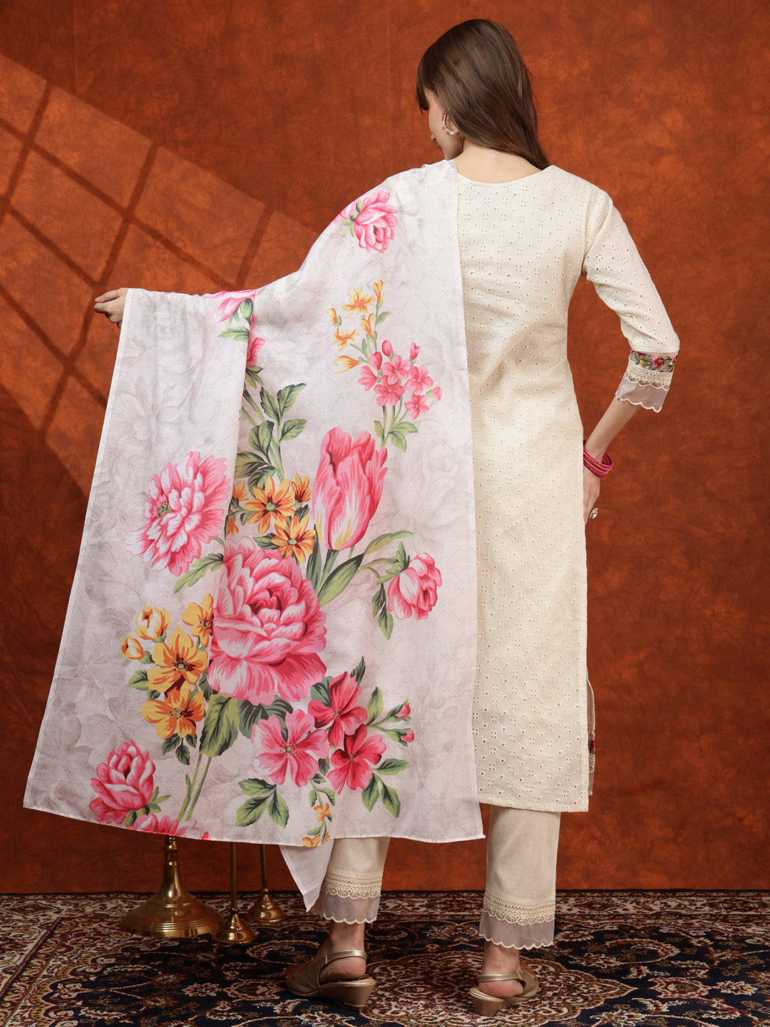 Chikankari & Embroidered Kurta With Pant & Printed Dupatta, White - Hiral Fashion - Distacart