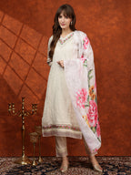 Chikankari & Embroidered Kurta With Pant & Printed Dupatta, White - Hiral Fashion - Distacart
