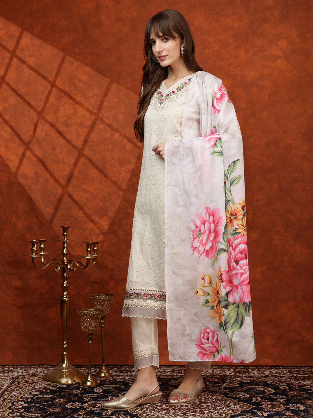 Chikankari & Embroidered Kurta With Pant & Printed Dupatta, White - Hiral Fashion - Distacart
