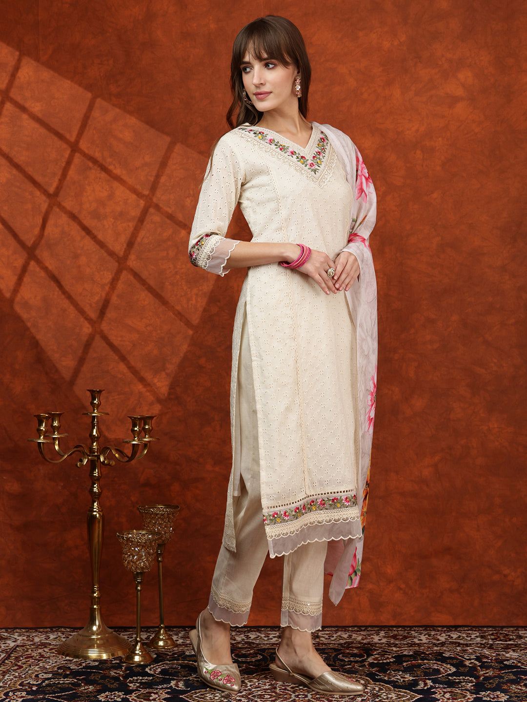 Chikankari & Embroidered Kurta With Pant & Printed Dupatta, White - Hiral Fashion - Distacart
