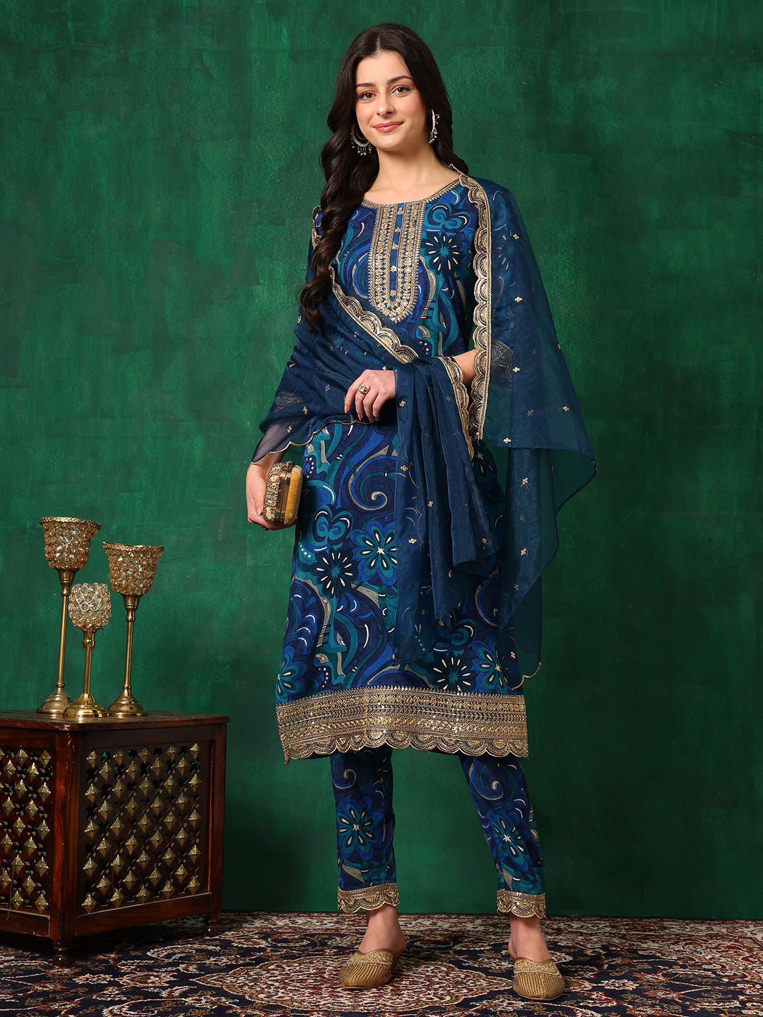 Sequined Embroidered & Printed Kurta With Pant & Embroidered Dupatta, Blue - Hiral Fashion - Distacart