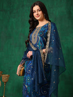 Sequined Embroidered & Printed Kurta With Pant & Embroidered Dupatta, Blue - Hiral Fashion - Distacart
