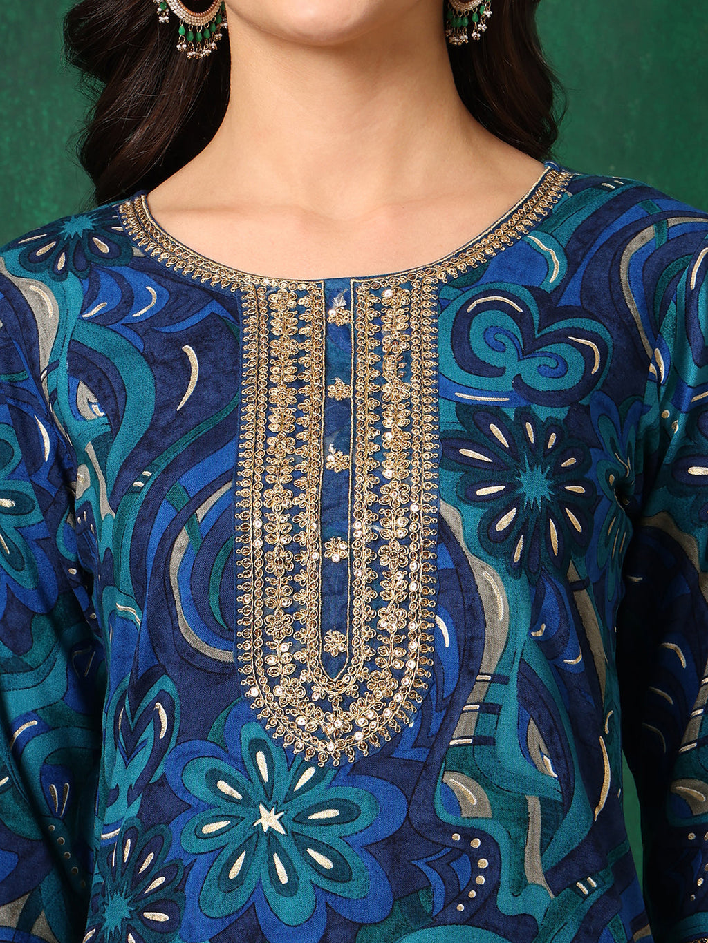 Sequined Embroidered & Printed Kurta With Pant & Embroidered Dupatta, Blue - Hiral Fashion - Distacart