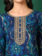 Sequined Embroidered & Printed Kurta With Pant & Embroidered Dupatta, Blue - Hiral Fashion - Distacart