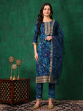 Sequined Embroidered & Printed Kurta With Pant & Embroidered Dupatta, Blue - Hiral Fashion - Distacart