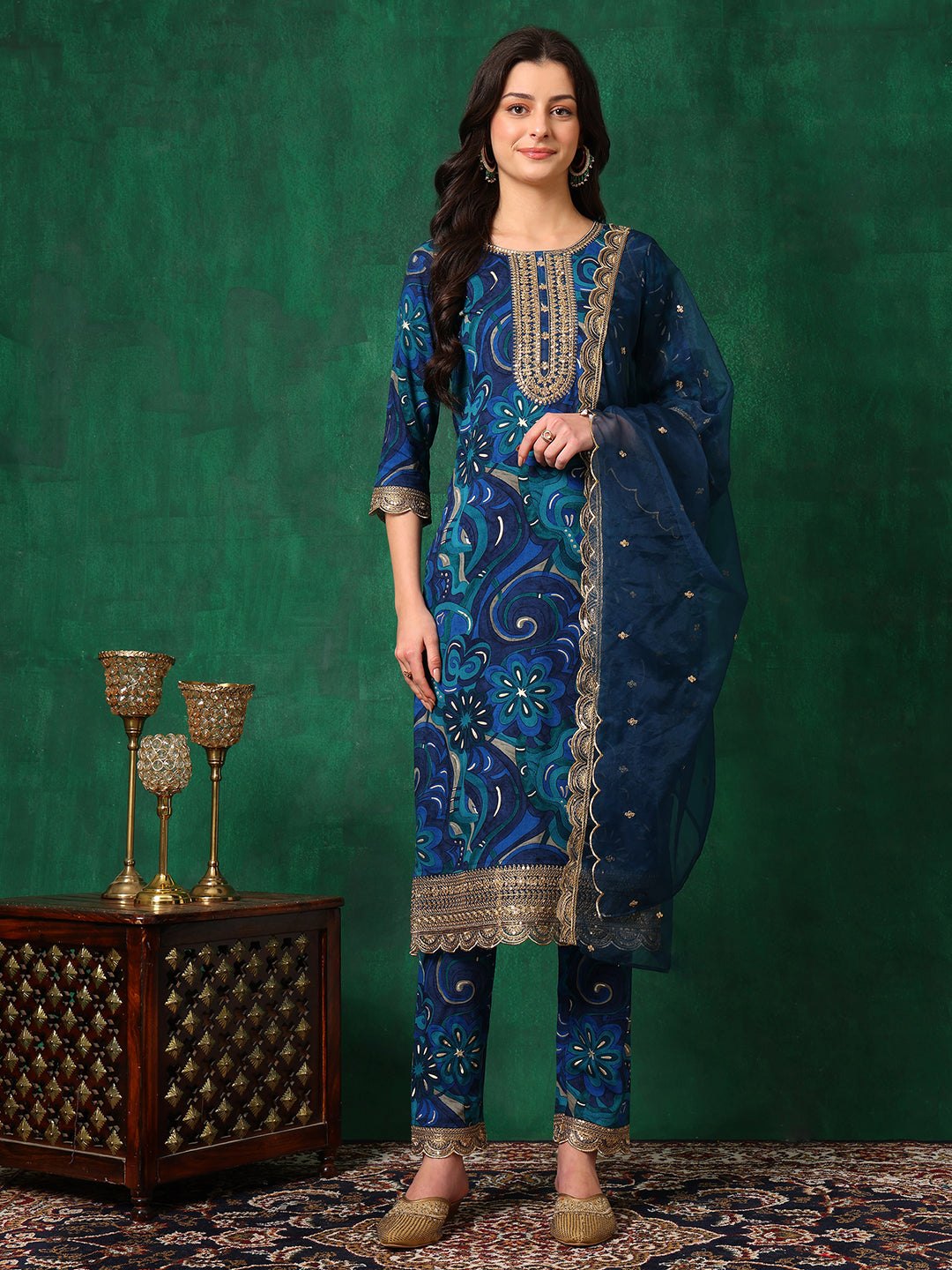 Sequined Embroidered & Printed Kurta With Pant & Embroidered Dupatta, Blue - Hiral Fashion - Distacart