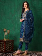 Sequined Embroidered & Printed Kurta With Pant & Embroidered Dupatta, Blue - Hiral Fashion - Distacart