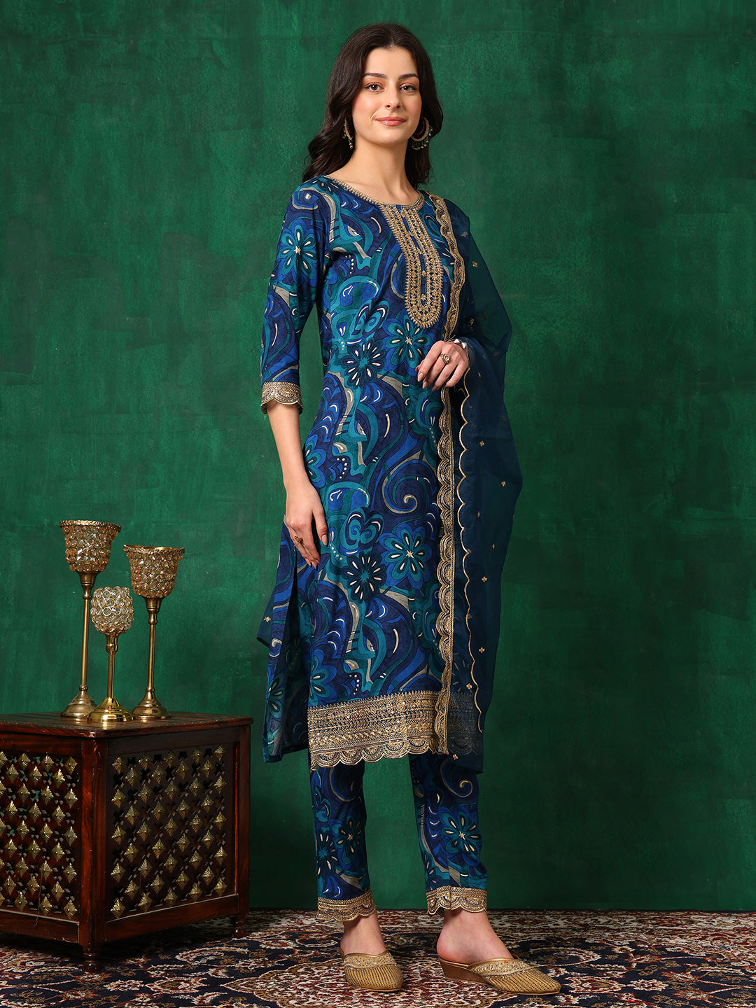 Sequined Embroidered & Printed Kurta With Pant & Embroidered Dupatta, Blue - Hiral Fashion - Distacart