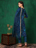 Sequined Embroidered & Printed Kurta With Pant & Embroidered Dupatta, Blue - Hiral Fashion - Distacart