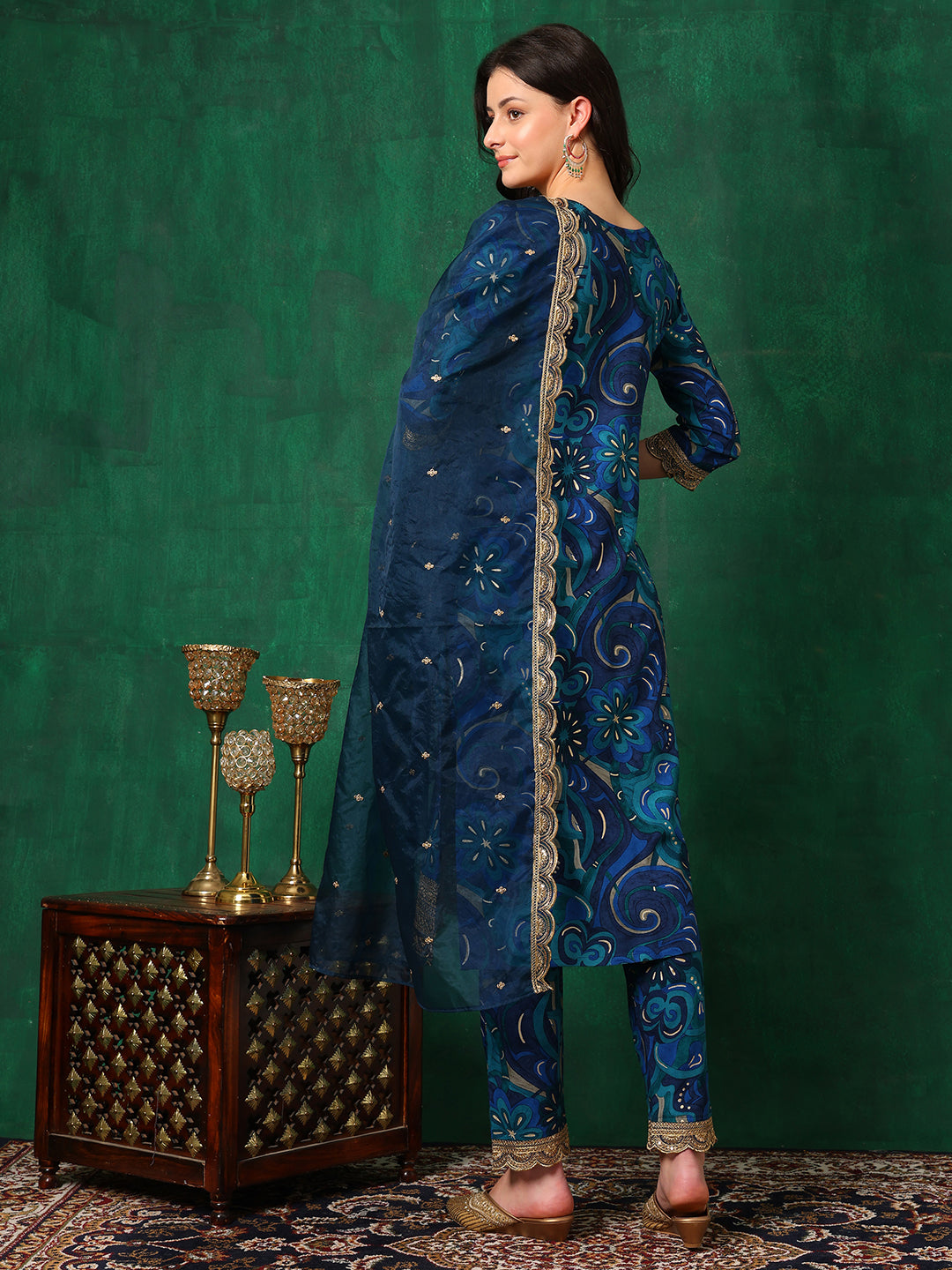 Sequined Embroidered & Printed Kurta With Pant & Embroidered Dupatta, Blue - Hiral Fashion - Distacart