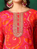 Sequined Embroidered & Printed Kurta With Pant & Embroidered Dupatta, Pink - Hiral Fashion - Distacart