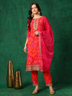 Sequined Embroidered & Printed Kurta With Pant & Embroidered Dupatta, Pink - Hiral Fashion - Distacart