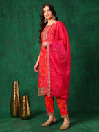 Sequined Embroidered & Printed Kurta With Pant & Embroidered Dupatta, Pink - Hiral Fashion - Distacart