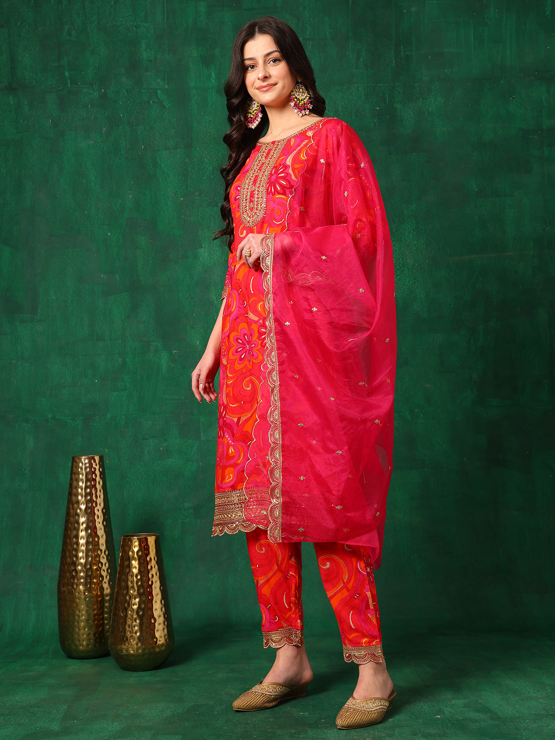 Sequined Embroidered & Printed Kurta With Pant & Embroidered Dupatta, Pink - Hiral Fashion - Distacart