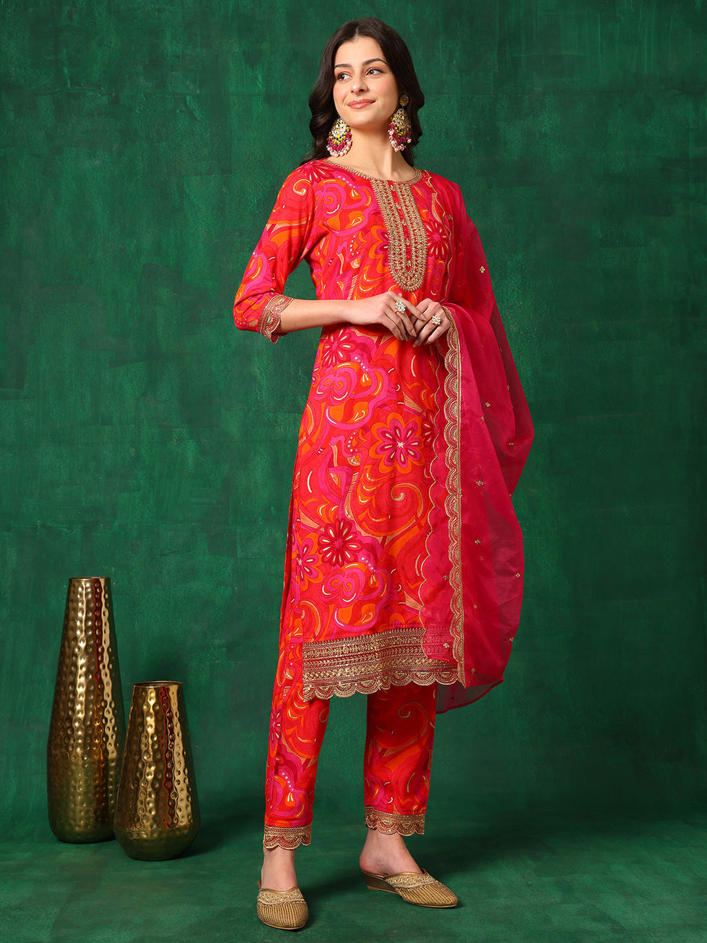 Sequined Embroidered & Printed Kurta With Pant & Embroidered Dupatta, Pink - Hiral Fashion - Distacart