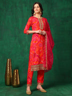 Sequined Embroidered & Printed Kurta With Pant & Embroidered Dupatta, Pink - Hiral Fashion - Distacart