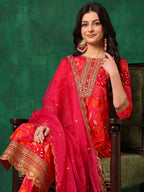 Sequined Embroidered & Printed Kurta With Pant & Embroidered Dupatta, Pink - Hiral Fashion - Distacart