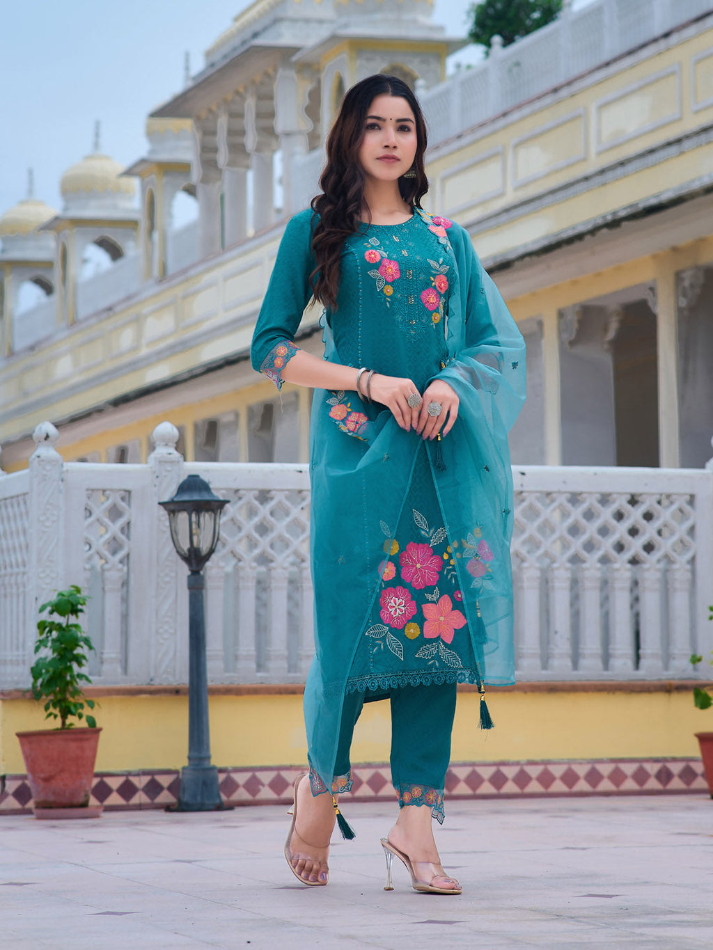 Hand & Machine Embroidered Kurta With Pant & Embroidered Dupatta, Blue - Hiral Fashion - Distacart