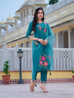 Hand & Machine Embroidered Kurta With Pant & Embroidered Dupatta, Blue - Hiral Fashion - Distacart