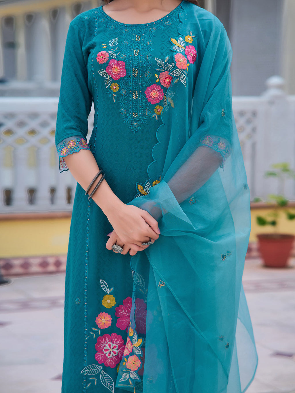 Hand & Machine Embroidered Kurta With Pant & Embroidered Dupatta, Blue - Hiral Fashion - Distacart
