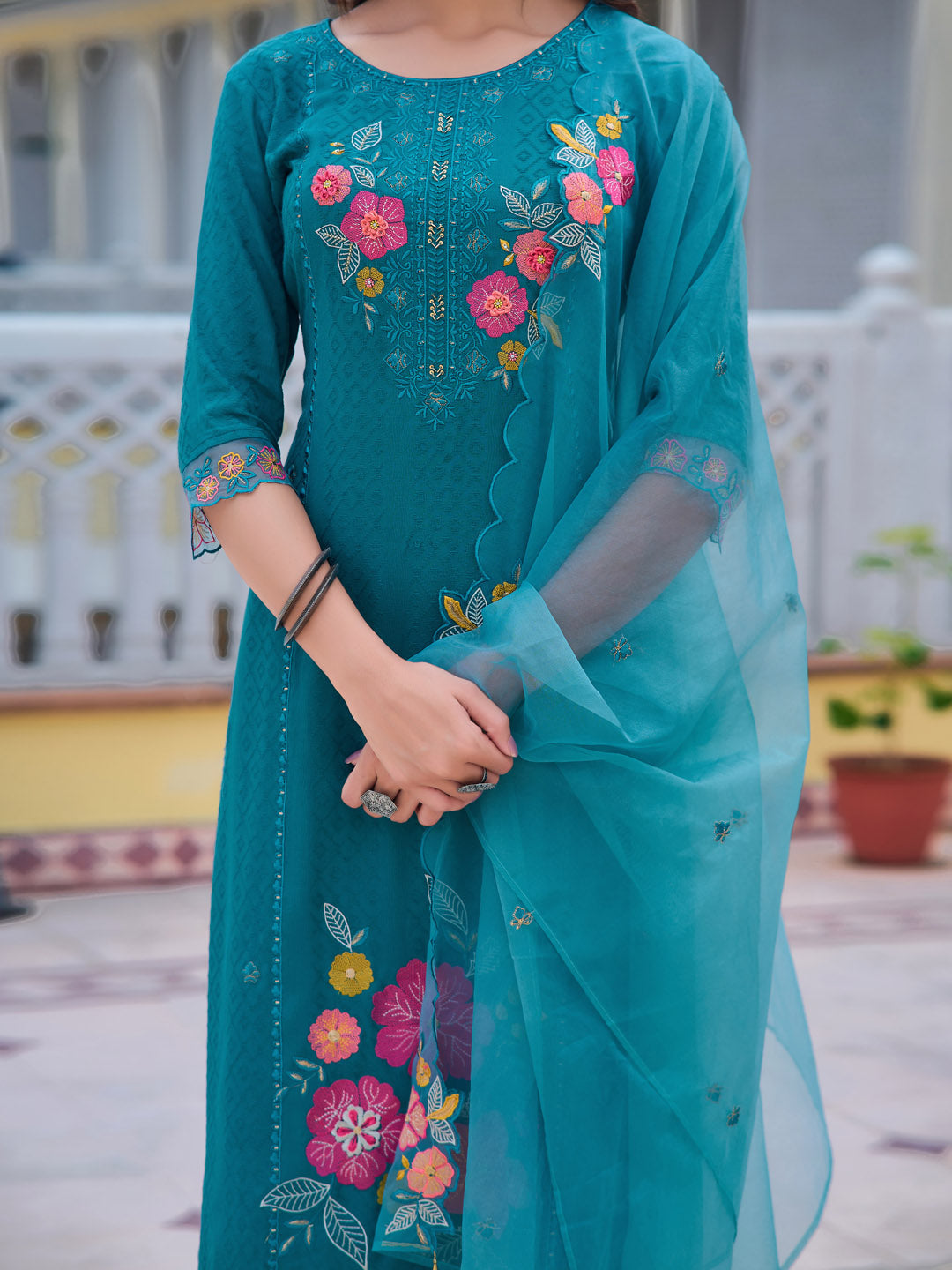 Hand & Machine Embroidered Kurta With Pant & Embroidered Dupatta, Blue - Hiral Fashion - Distacart