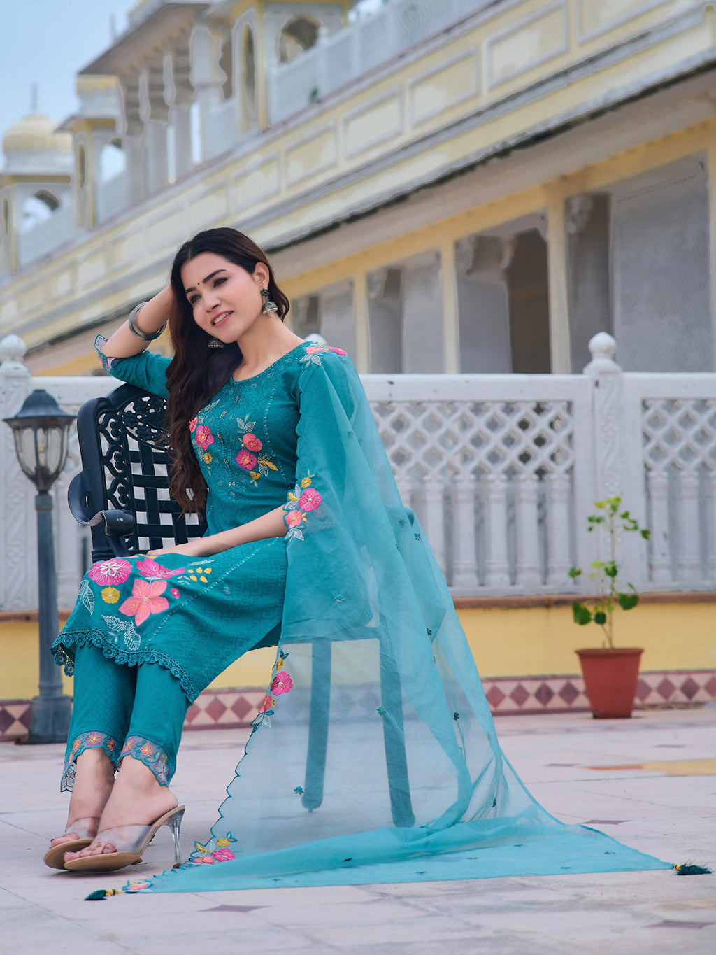 Hand & Machine Embroidered Kurta With Pant & Embroidered Dupatta, Blue - Hiral Fashion - Distacart