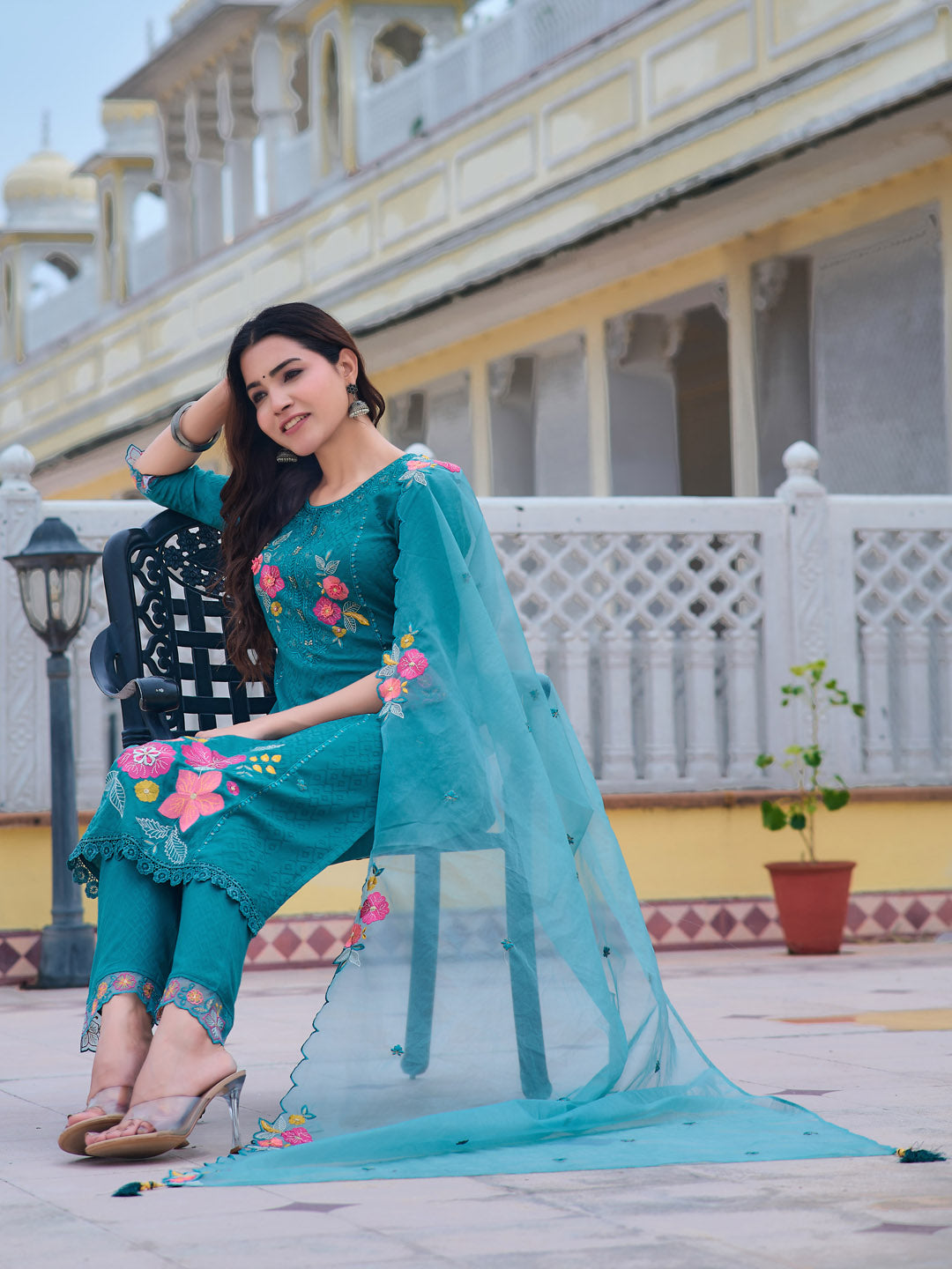 Hand & Machine Embroidered Kurta With Pant & Embroidered Dupatta, Blue - Hiral Fashion - Distacart