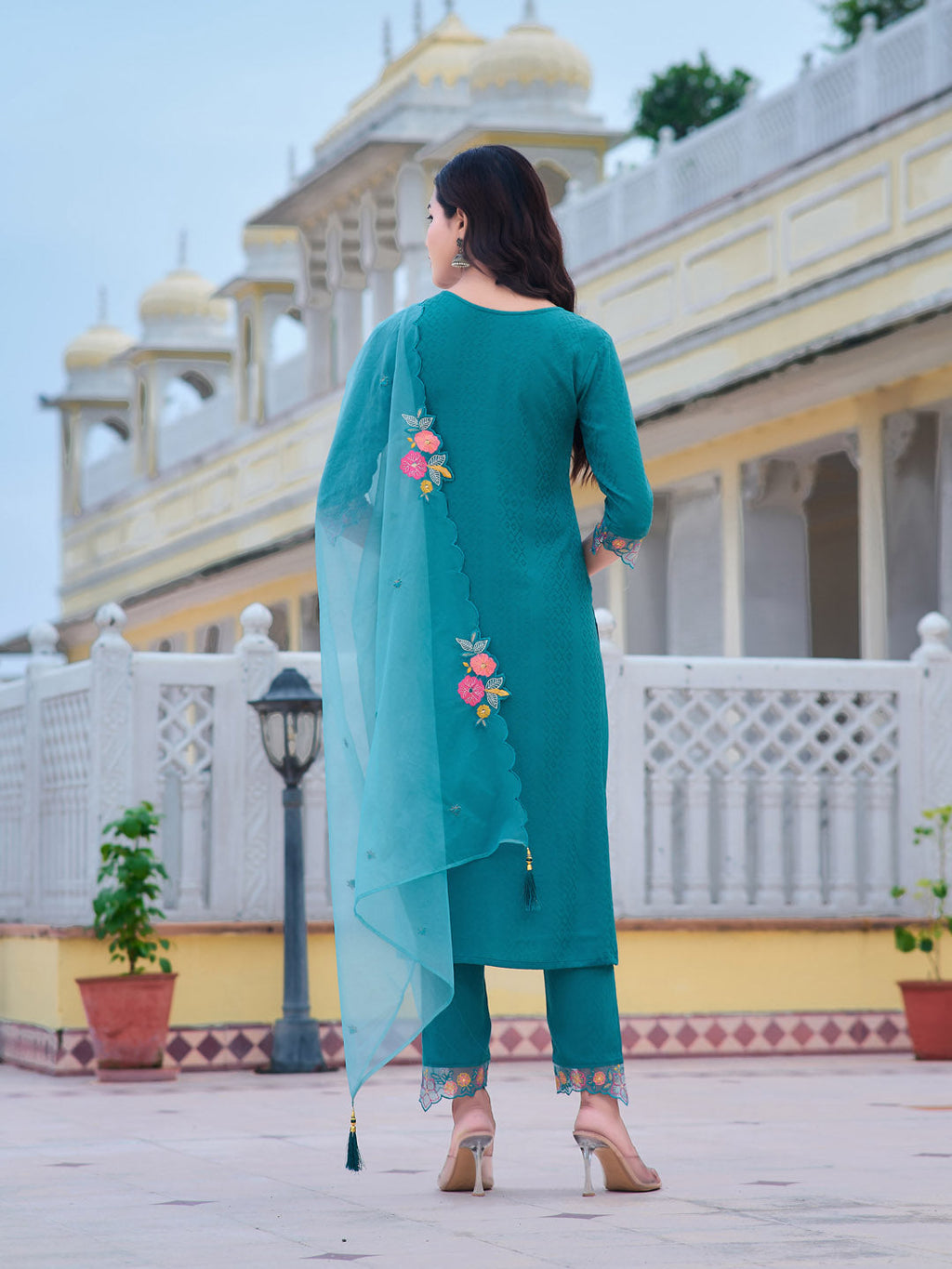 Hand & Machine Embroidered Kurta With Pant & Embroidered Dupatta, Blue - Hiral Fashion - Distacart