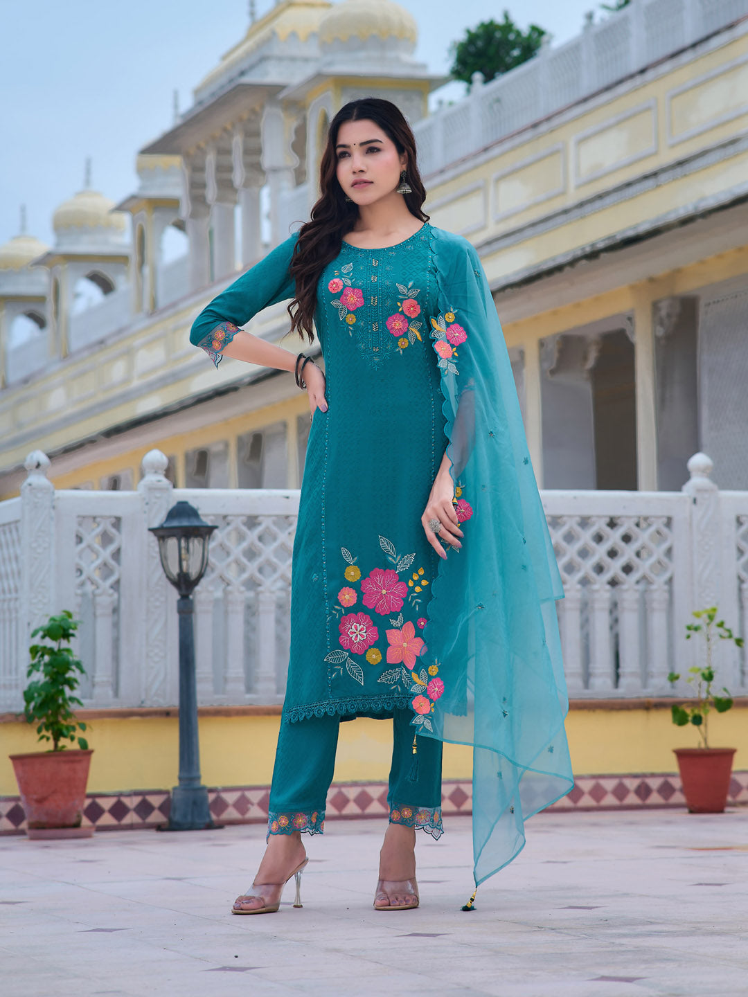 Hand & Machine Embroidered Kurta With Pant & Embroidered Dupatta, Blue - Hiral Fashion - Distacart
