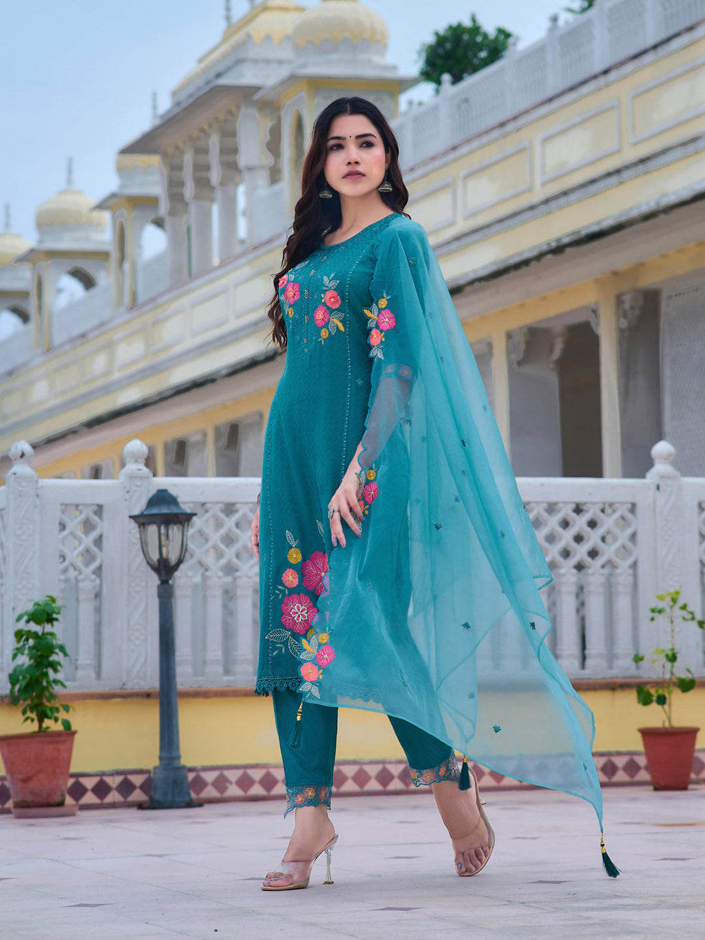 Hand & Machine Embroidered Kurta With Pant & Embroidered Dupatta, Blue - Hiral Fashion - Distacart