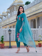 Hand & Machine Embroidered Kurta With Pant & Embroidered Dupatta, Blue - Hiral Fashion - Distacart
