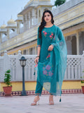 Hand & Machine Embroidered Kurta With Pant & Embroidered Dupatta, Blue - Hiral Fashion - Distacart
