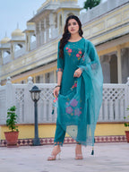 Hand & Machine Embroidered Kurta With Pant & Embroidered Dupatta, Blue - Hiral Fashion - Distacart