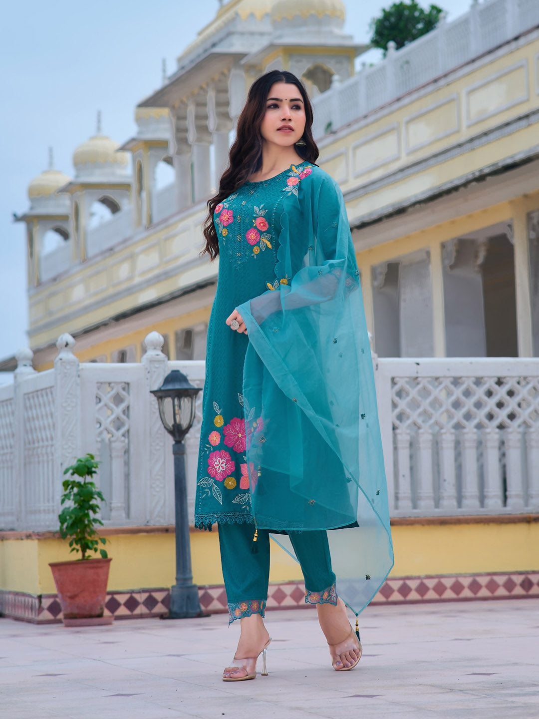 Hand & Machine Embroidered Kurta With Pant & Embroidered Dupatta, Blue - Hiral Fashion - Distacart