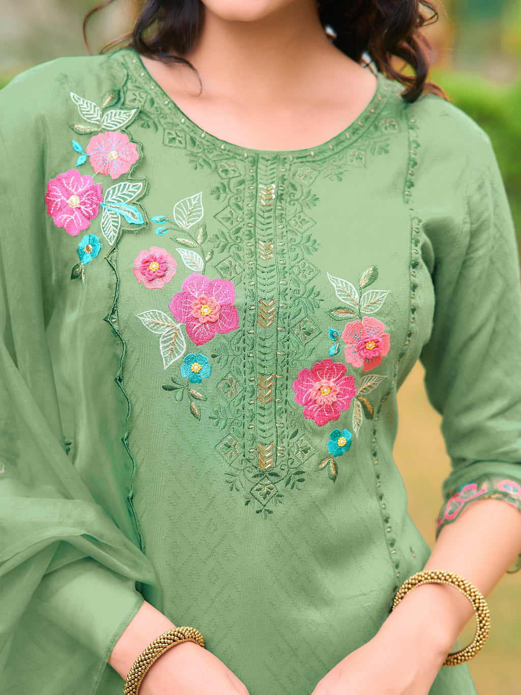 Hand & Machine Embroidered Kurta With Pant & Embroidered Dupatta, Green - Hiral Fashion - Distacart