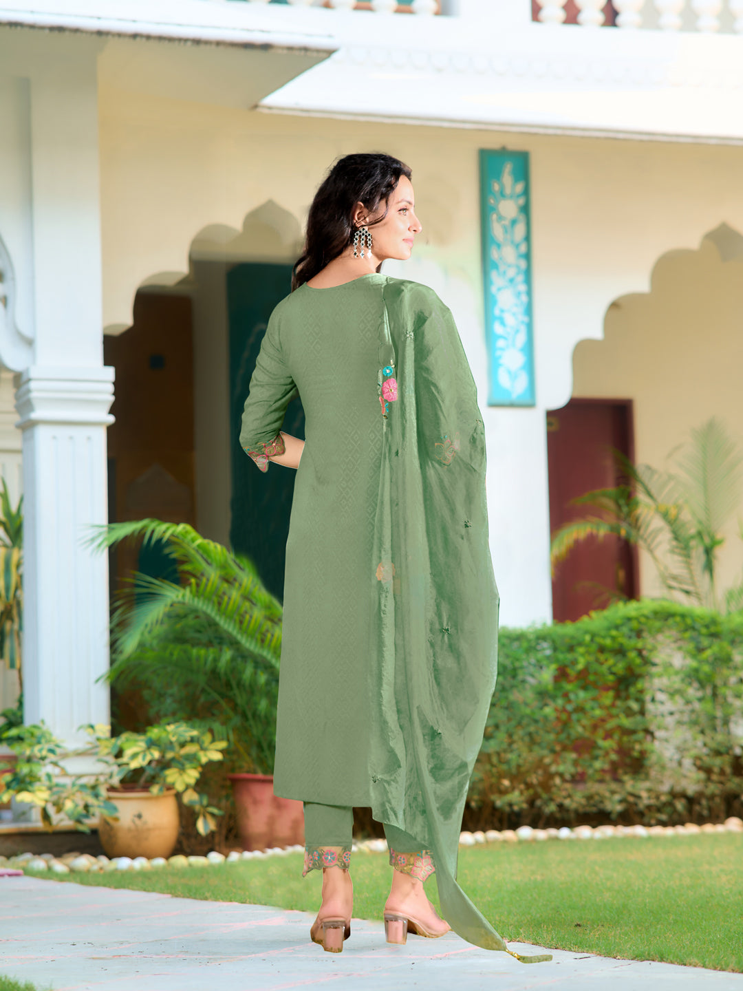 Hand & Machine Embroidered Kurta With Pant & Embroidered Dupatta, Green - Hiral Fashion - Distacart