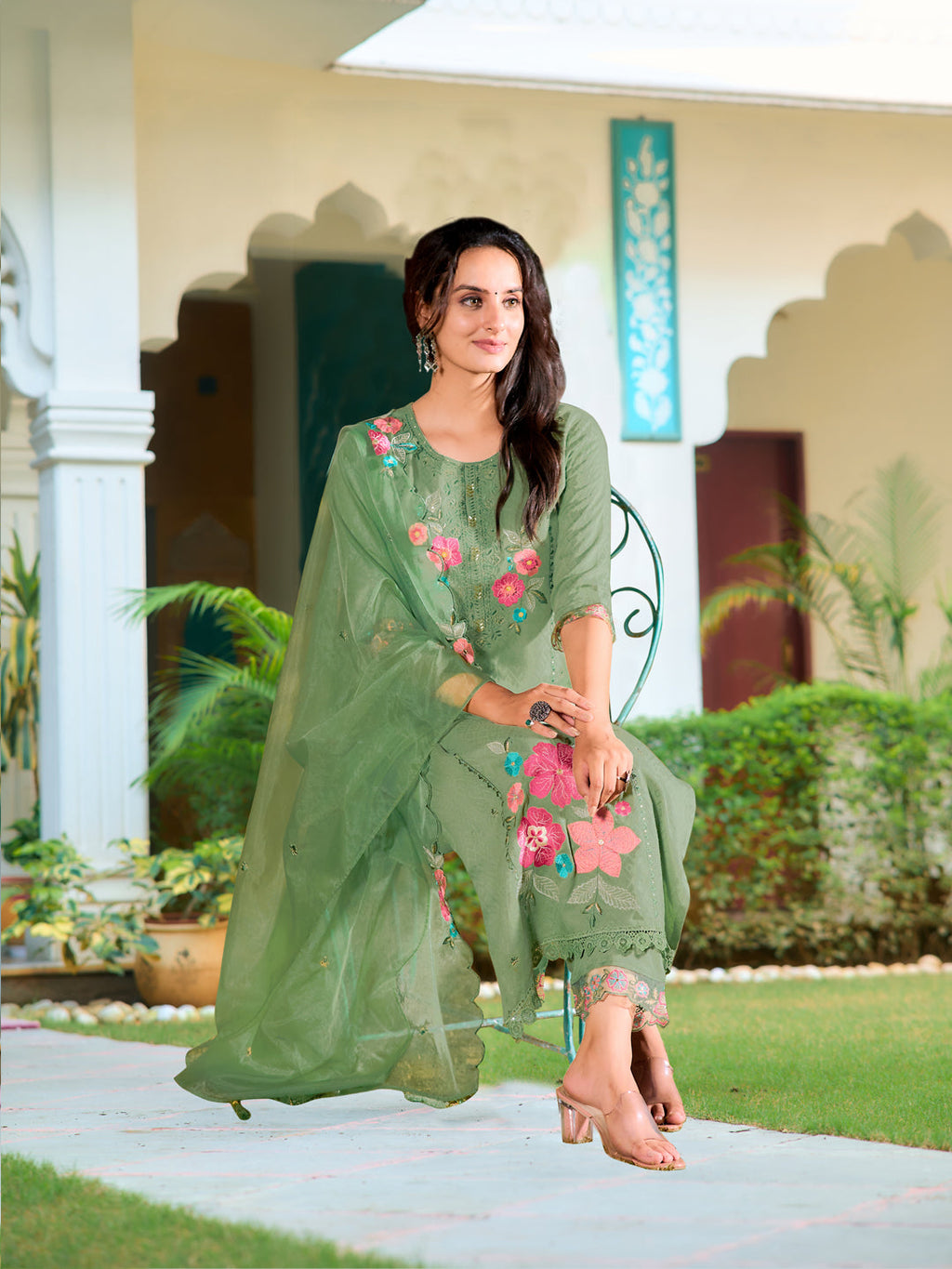 Hand & Machine Embroidered Kurta With Pant & Embroidered Dupatta, Green - Hiral Fashion - Distacart