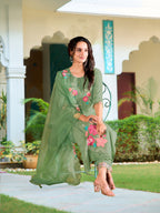 Hand & Machine Embroidered Kurta With Pant & Embroidered Dupatta, Green - Hiral Fashion - Distacart