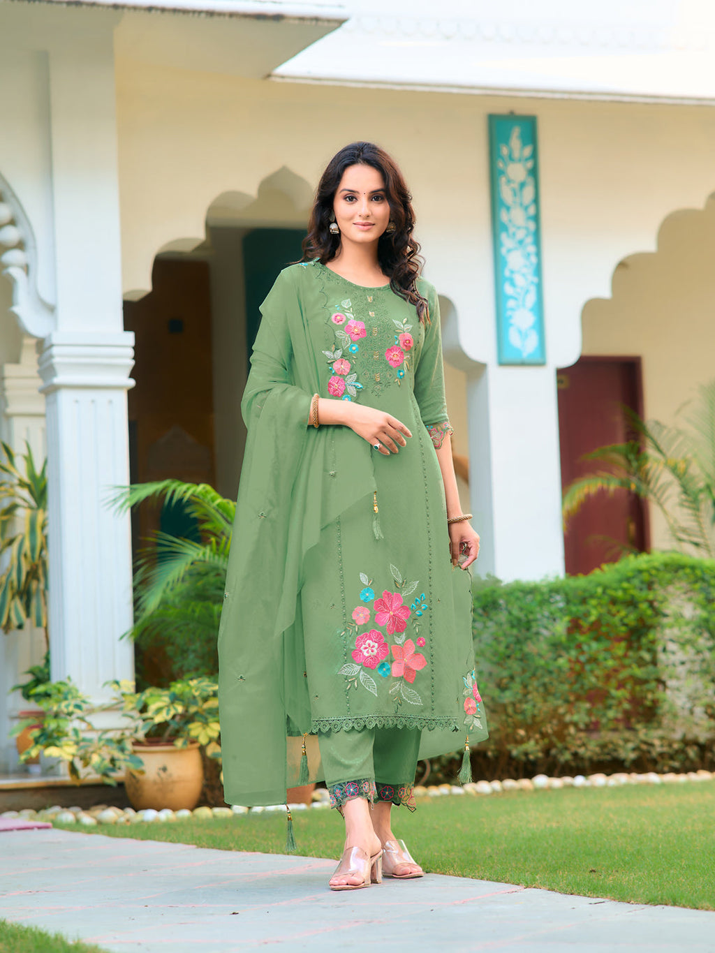 Hand & Machine Embroidered Kurta With Pant & Embroidered Dupatta, Green - Hiral Fashion - Distacart