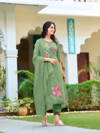 Hand & Machine Embroidered Kurta With Pant & Embroidered Dupatta, Green - Hiral Fashion - Distacart
